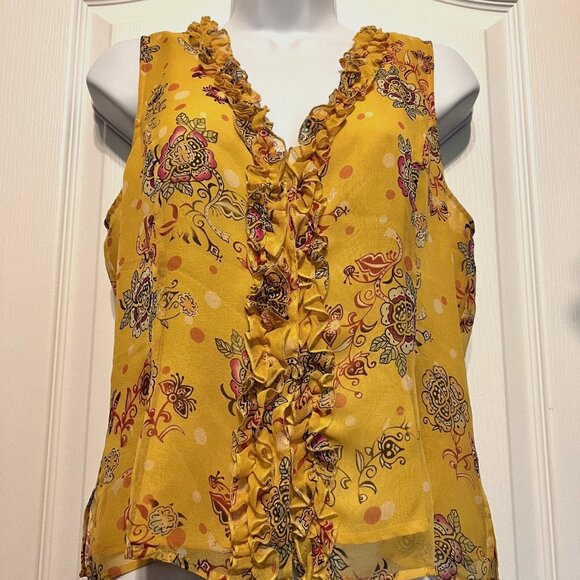 Edward Vintage Women's 100% Silk Floral Sleeveless Ruffle Top Button Up-V Neck M - Picture 2 of 15